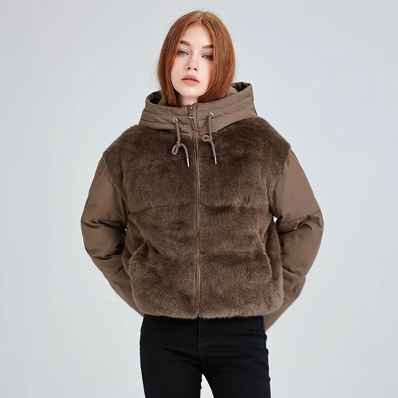 Cappotto Parka corto patchwork in peluche americano Cappotto invernale trapuntato con cappuccio tinta unita Y2K Cappotto in cotone con zip da strada chic da donna