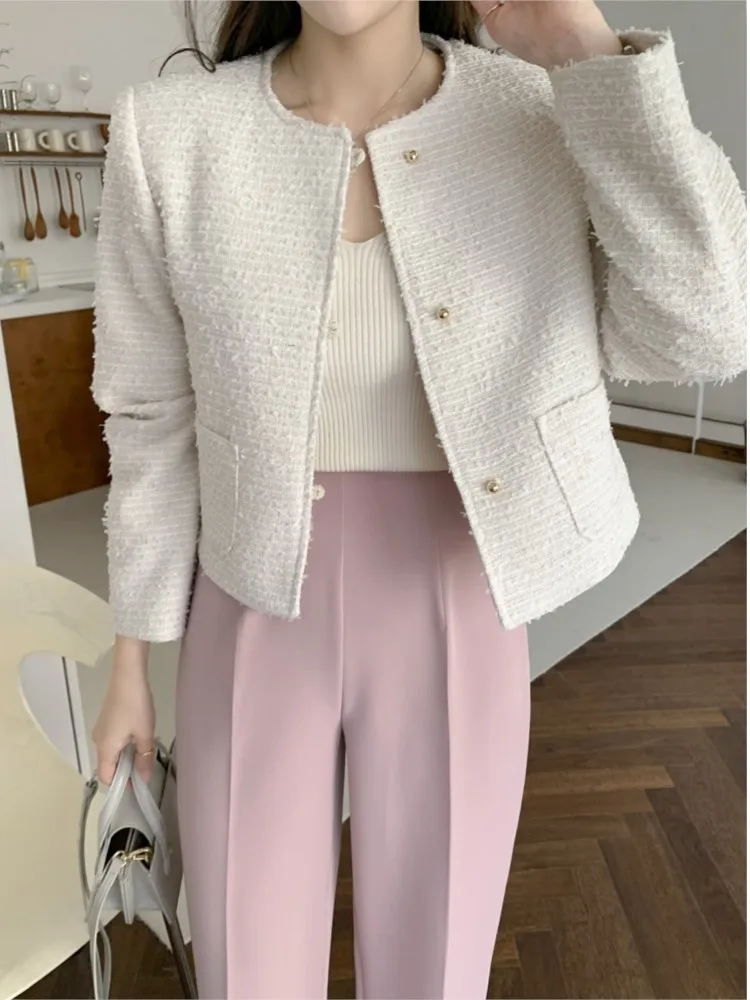 Spring Tweed Pink Coat Women Long Sleeve Casual Loose Fashion Ladies Cropped Jackets Korean Style Woman Coats Manteau Femme