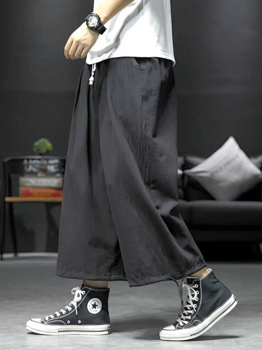 

Summer Cotton Linen Loose Wide Leg Nine-Foot Men's Pants Thin Model Comfortable Fit Casual Trousers for plus Size Men