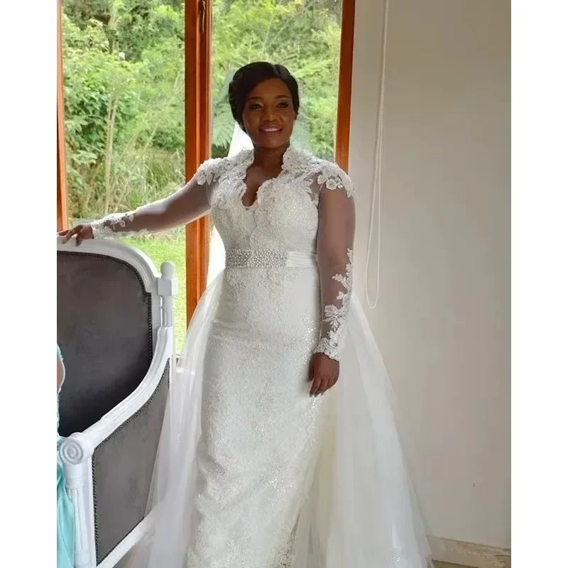 

Африканские кружевные свадебные платья по индивидуальному заказу 2021, съемная юбка, элегантные свадебные платья с длинными рукавами и жемчугом и аппликациями