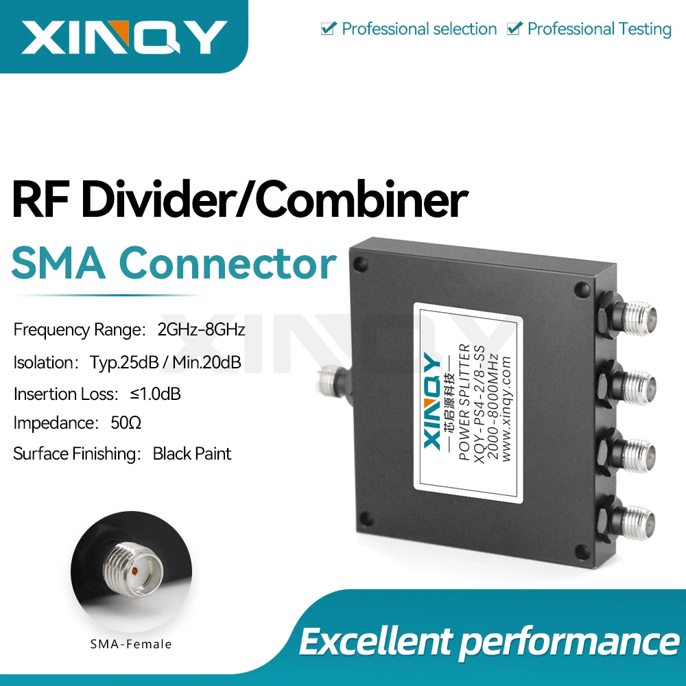 XINQY 1x4 SMA Female Power Divider/Combiner, 2-8GHz (2000-8000MHz) RF Power Splitter for WiFi/Bluetooth Signals