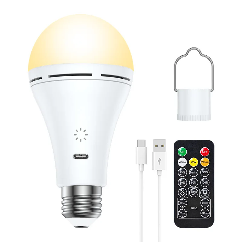 USB Charging Light Bulb E26 Lamp Holder 3 Color Temperature Adjustable Power Failure Emergency Light Bulb Outdoor Portable
