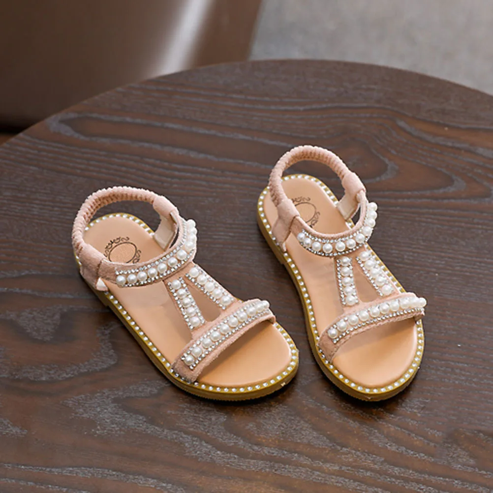 صنادل الأميرة للفتيات صنادل أطفال من البولي يوريثان أحذية مسطحة مزخرفة باللؤلؤ للأطفال الصغار ملابس حفلات أعياد الميلاد باللون الوردي مقاس 1 #2