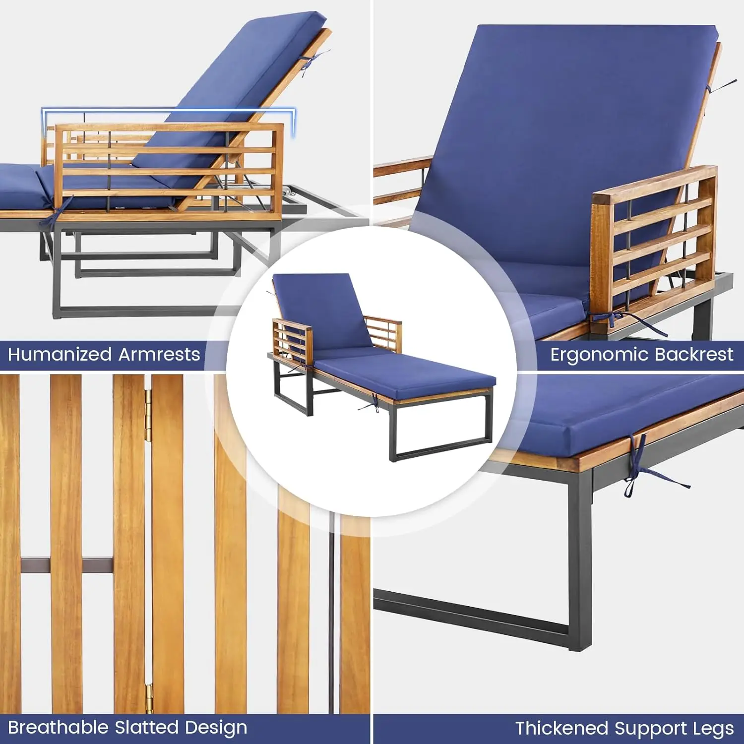 Acacia Wood Chaise Lounge Patio Recliner with 4-Position Adjustable Backrest & Padded Cushion, Outdoor Wooden Sun, Customized view 6