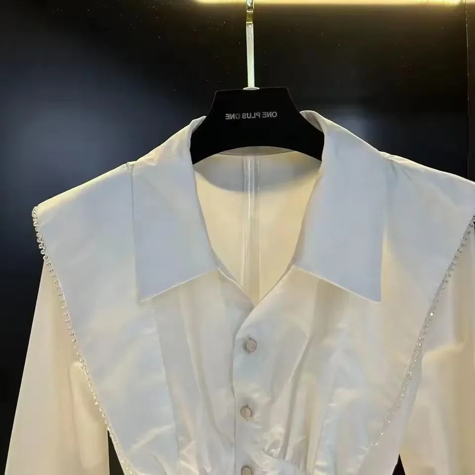 Pop Pop New Kroean Long Sleeved Patchwork Top Women White Shirt 2025 New Cinched Waist Side Studded Design Blouse Women's Clothe