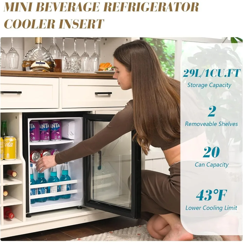 農家風コーヒーバーキャビネット、飲料用冷蔵庫クーラー付き、47インチの素朴なワインバーキャビネット、ミニ冷蔵庫15個付き、納屋のドア付き。