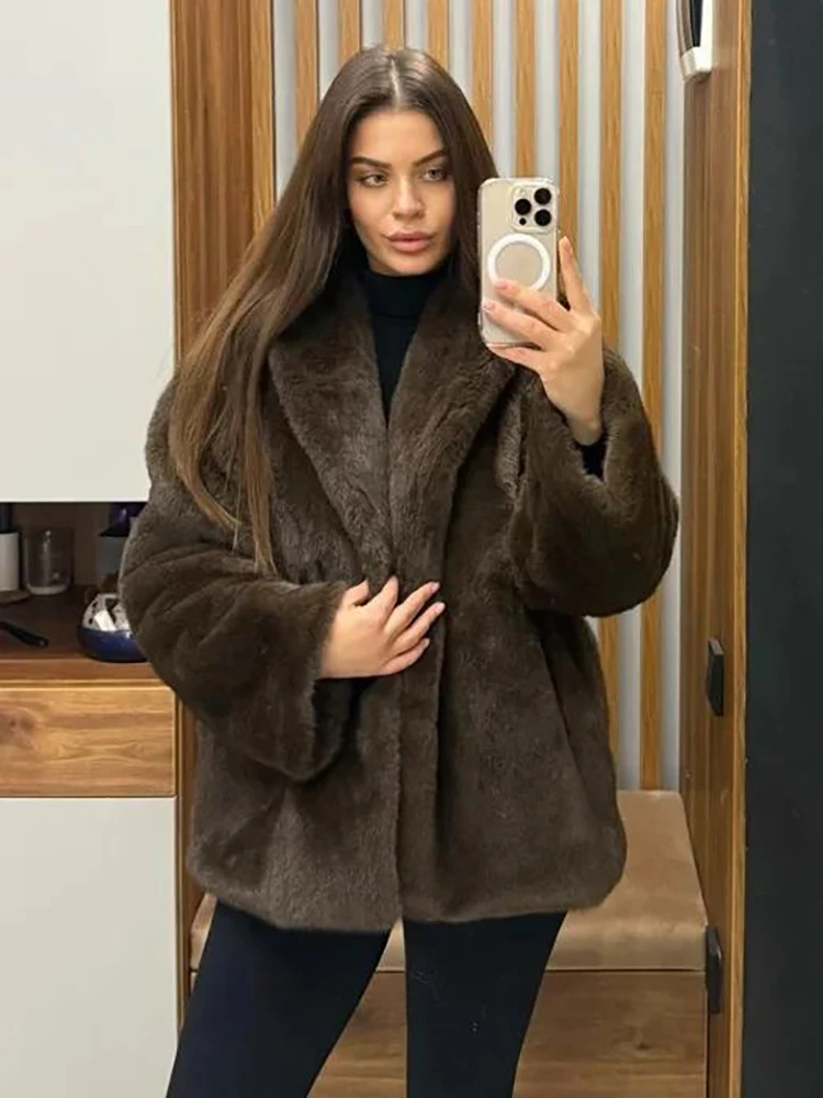 Thicken Faux Fur Drawstring Waist Coats Women Elegant Solid V-neck Lapel Collar Loose Outerwear New Winter Daily Holiday Outfit