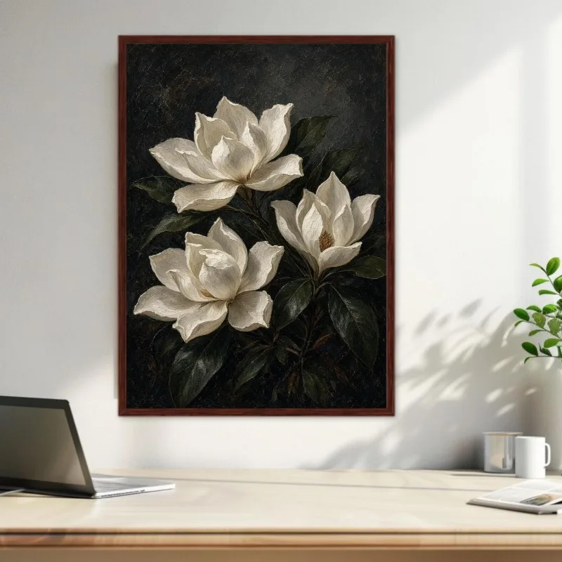 Dark Background White Magnolia Flower Canvas Wall Art Vintage Floral Unframed Canvas Print Classic Botanical Home Wall Decor