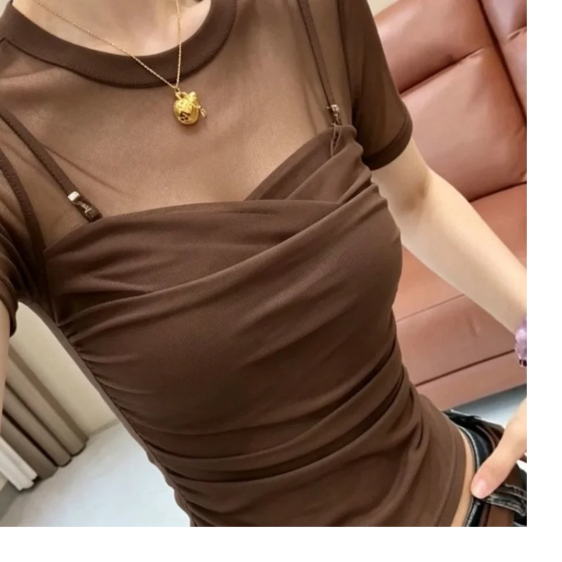 Unique Beautiful Spliced Mesh Short Sleeve T-Shirt French Style Slim Fit Breathable Summer Top for Women Girl Daily Wear