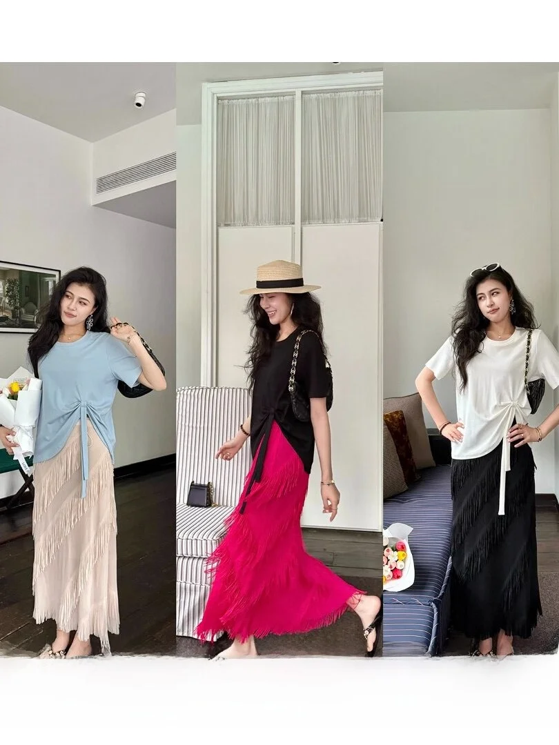 

Loose Fit Flowing Tassel Trim Korean Style Casual Summer Top And Half Skirt Set for Women Elegant Versatile Waist-Cinching