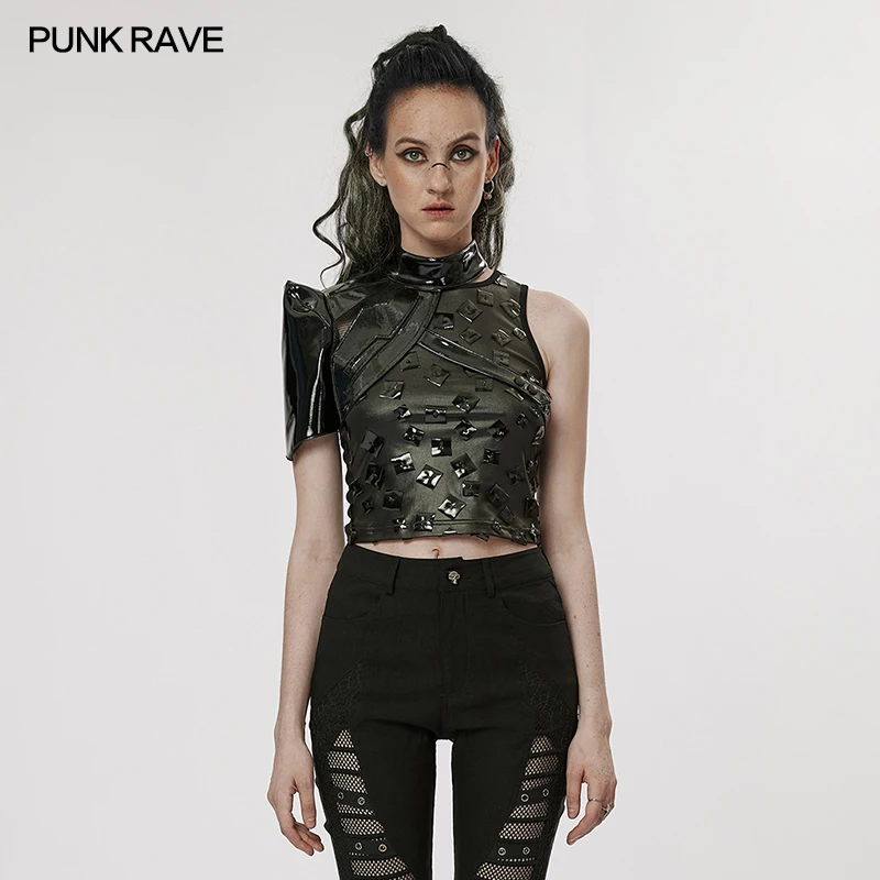 

PUNK RAVE Women's Cyber Personalized One-arm Jacket Punk Unique Futuristic Pattern Patent Leather Black Short Coat