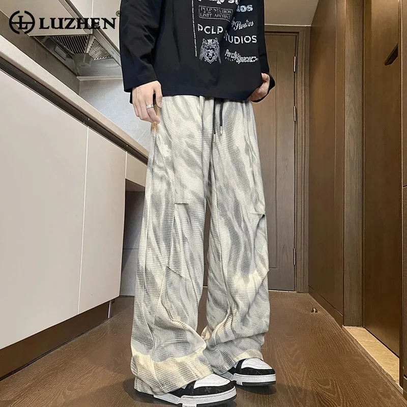 

LUZHEN Tie-dyed Stripe Straight Tube Cargo Casual Pants Men's 2025 New High Quality Street Wide Leg Male Trousers Clothes JY3582