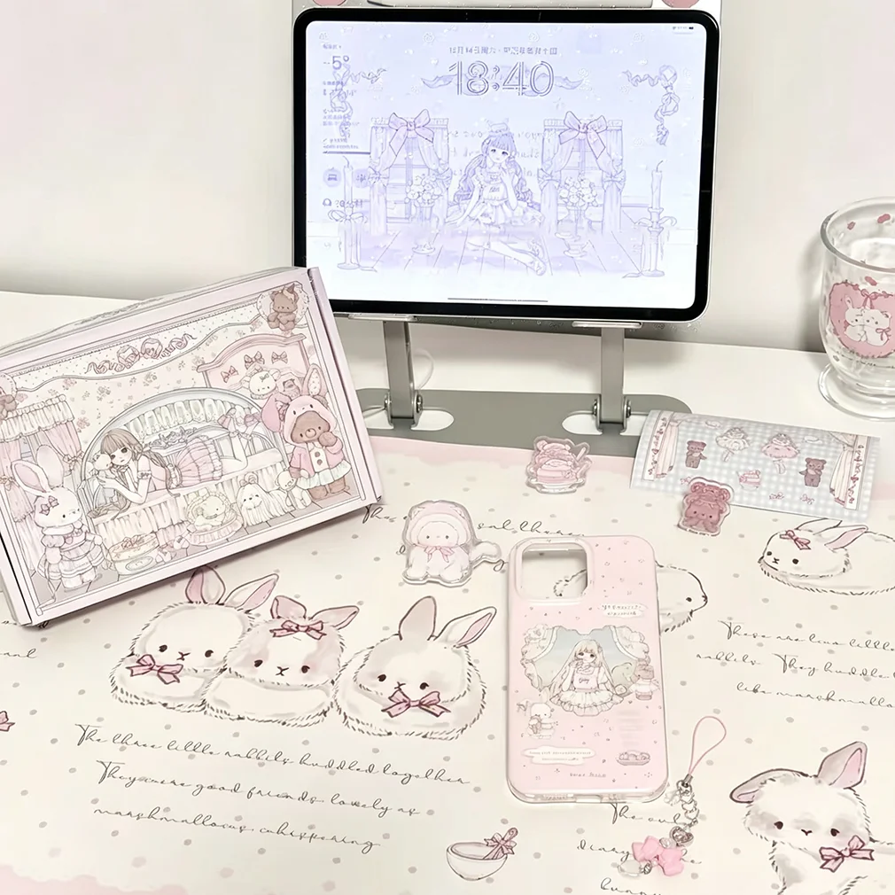 Polka Dots English Pink Bunny Lace Rabbit Girl Leather Desk Pad Protector Mouse Pad Office Desk Mat Non-Slip PU Desk Blotter Pad