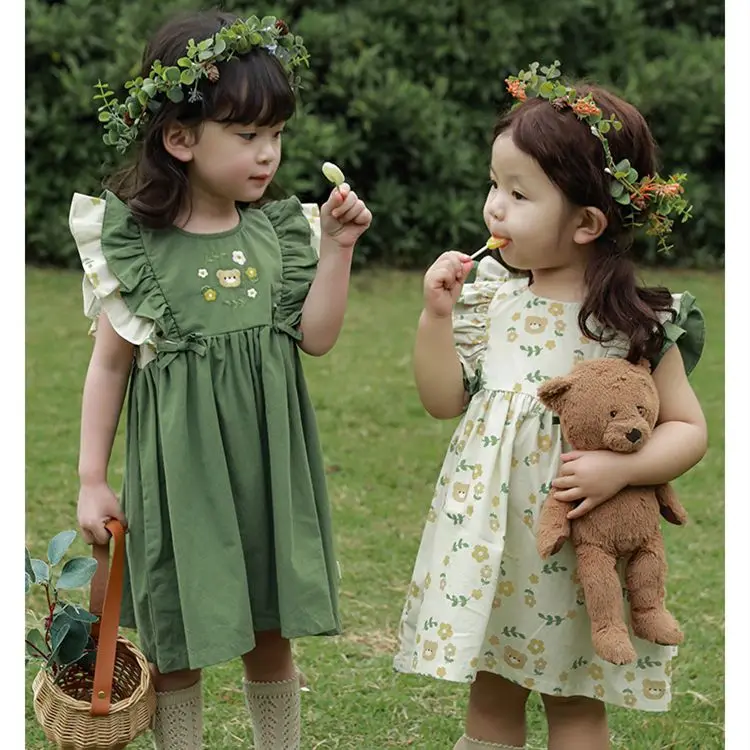 Girl Summer Dress New Fashion Embroidery Flying Sleeve Children Bow Princess Dress Girl One Piece Dress Printed Skirt