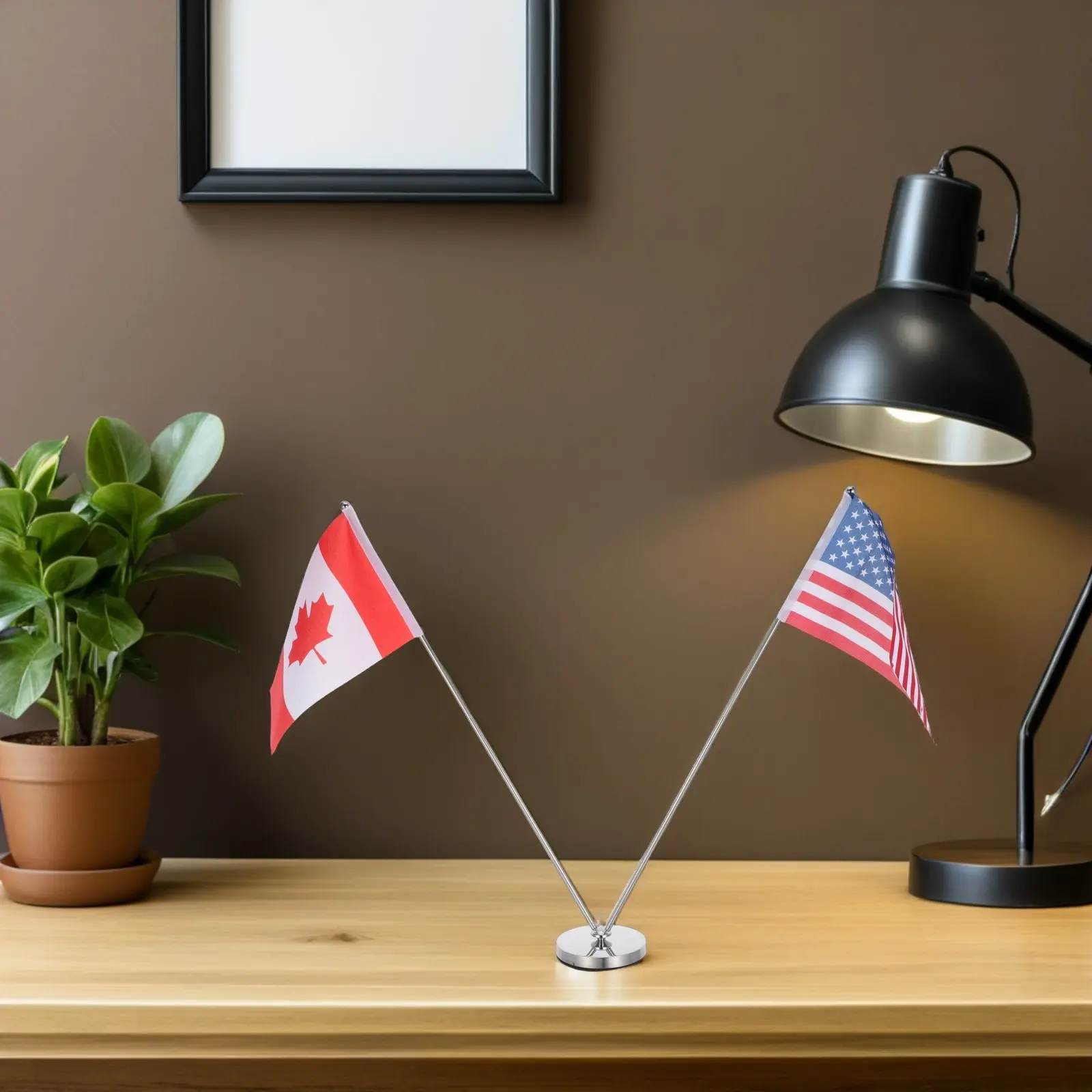 USA Canada Double Table Flags Crossed Mini Flags Telescopic Stainless Steel Stand Soccer Party Desk Decor