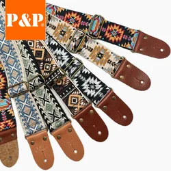 P&P Guitar Strap Adjustable Embroidered Belt with Leather End for Bass Electric Acoustic Guitar