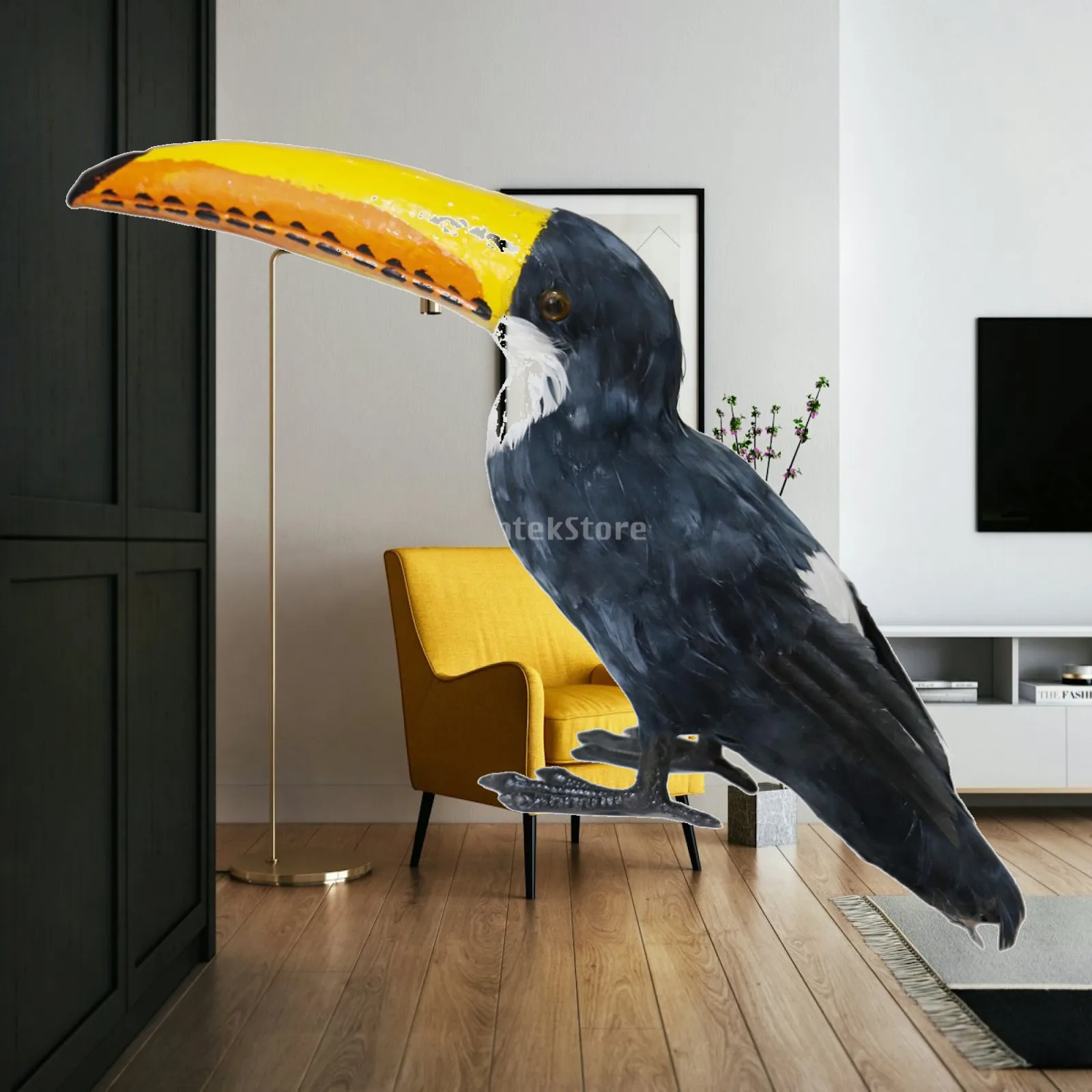 Lifelike Toucan Figurine with Real Feather and Foam Mouth for Garden Shelf Tabletop Home Decor