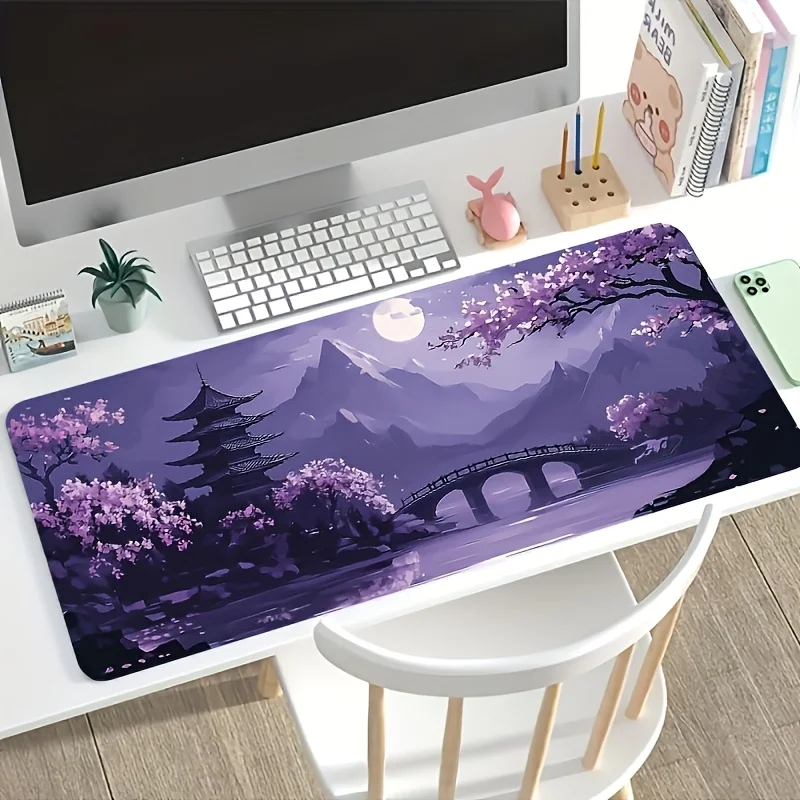 Purple Night Cherry Blossom Gaming Mouse Pad,Large Non-Slip Desk Mat with Moonlit Bridge & Pagoda Print for Gamers & Home Office