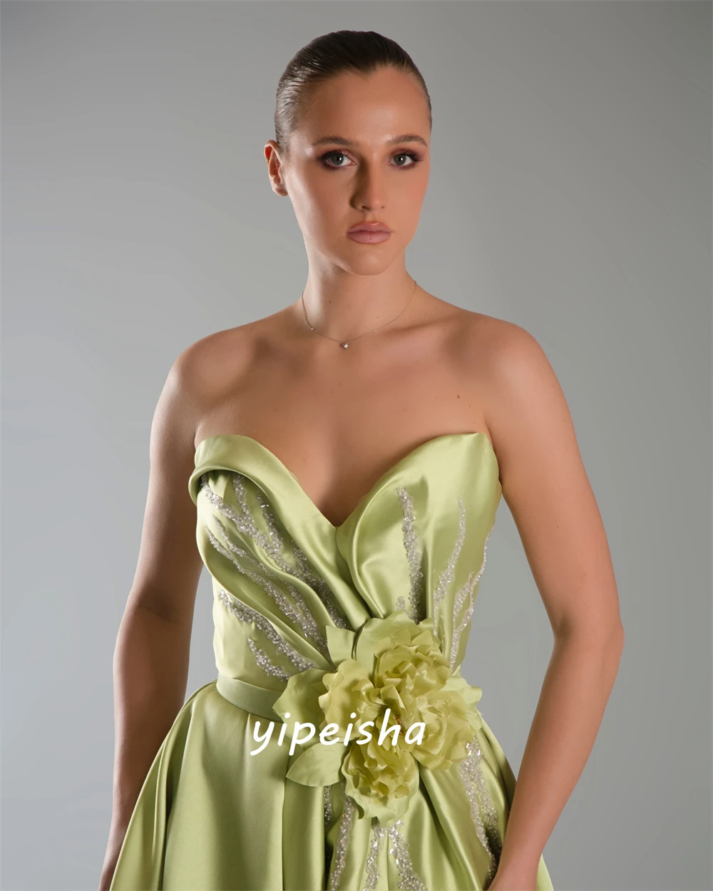 Customized Satin Handmade Flower Sequined Draped Formal Evening A-line Strapless Bespoke Occasion Gown Long Dresses