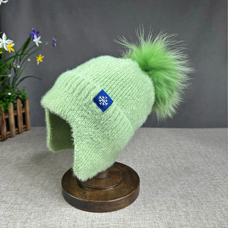 Natürliche pelz pompom frauen Winter Gestrickte Hut Outdoor Radfahren Gehörschutz Warme Schirmmütze Lässige Mode Hüte – Detail 3