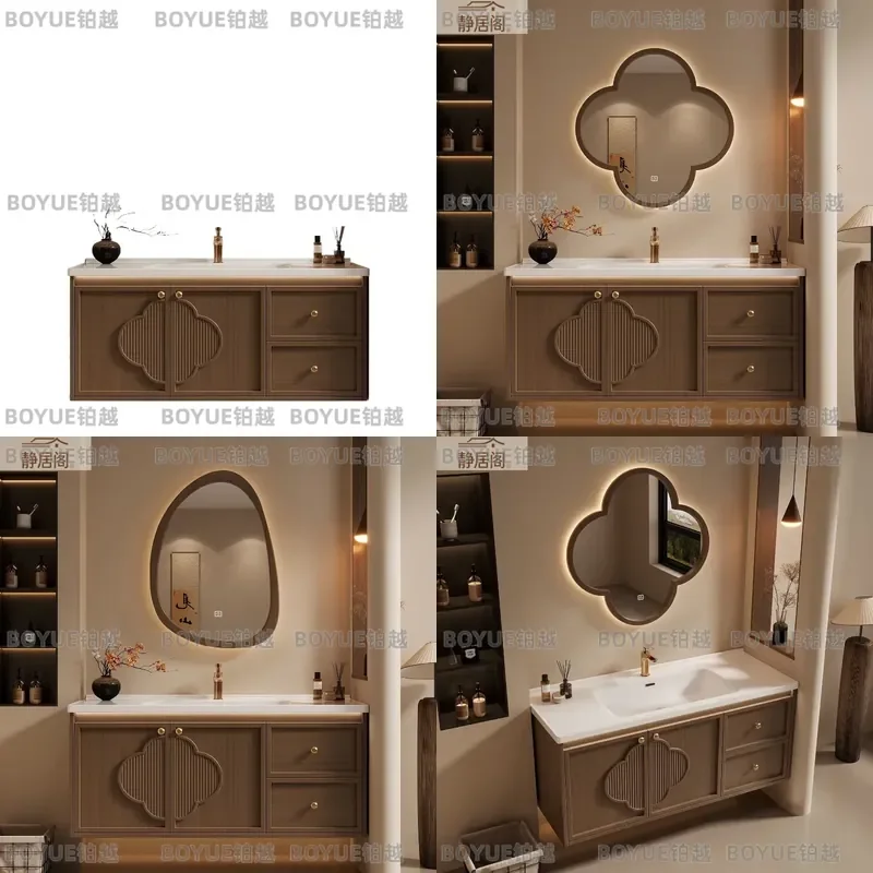 Walnut Solid Wood Bathroom Vanity with Ceramic Basin Integrated Washstand Modern Aesthetic Sink Cabinet Combo for Home Decor