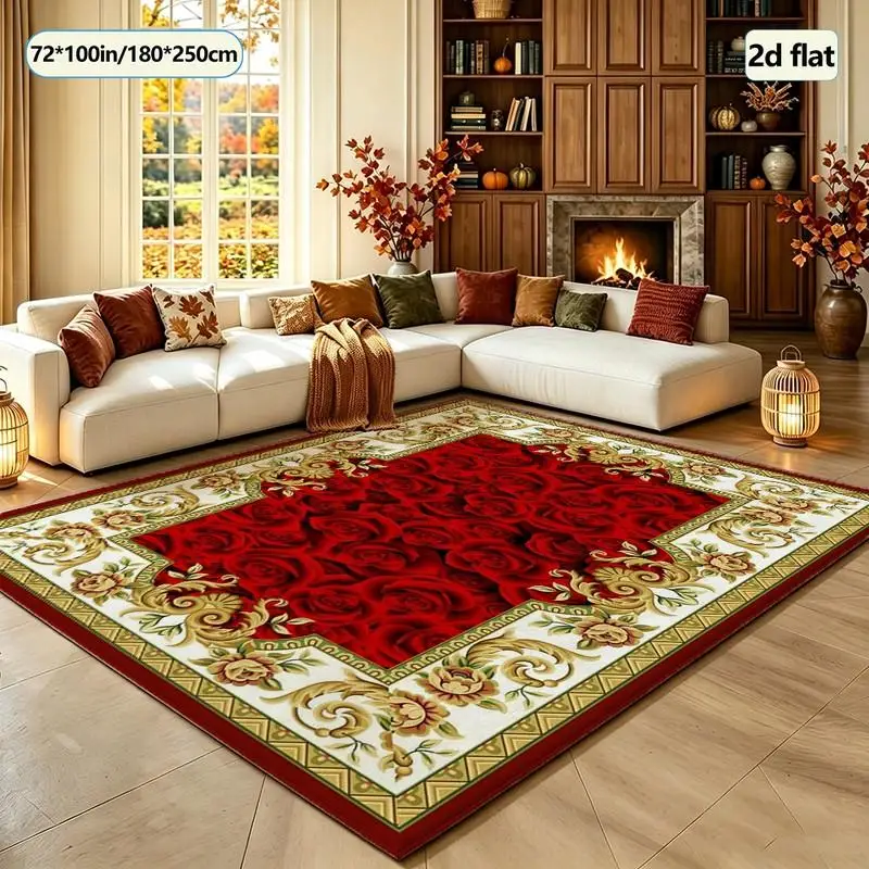 Bright Red Rose Floral Carpet with Golden Border, Luxurious Square Carpet, Non-Slip Decorative Carpet Suitable for Living Room and Bedroom