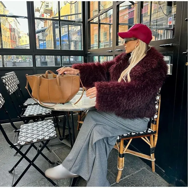 No Hood Pocket Coat Cropped Streetwear with Elegant Shawl Collar European and American Style Regular Sleeve Women Winter Jacket