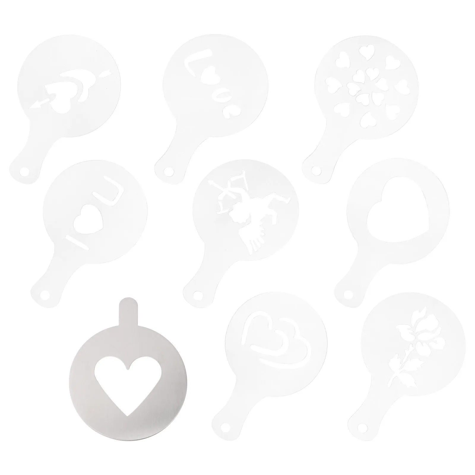 9Pcs Valentine's Day Coffee Stencils Reusable Cake Templates Cookie Stencils Fondant Baking Decor DIY Sugar Powder Sprinkling