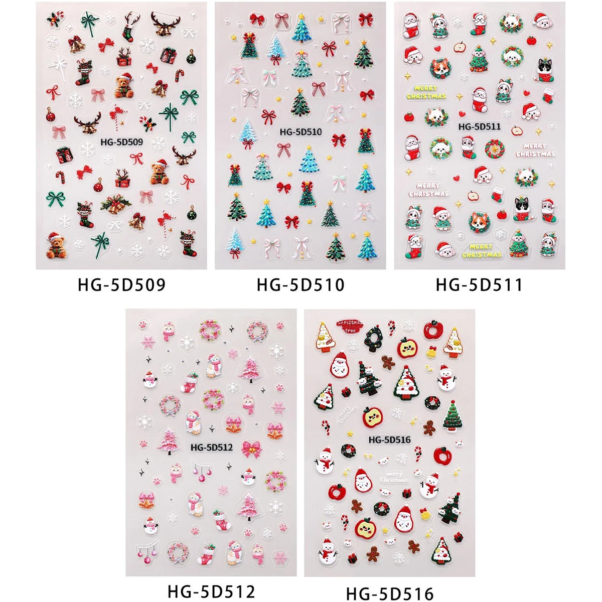 1/5 pezzi nuovi adesivi natalizi 5D simpatico cartone animato Babbo Natale fiocco di neve festival tenda piccoli adesivi accessori per la decorazione di unghie fai da te