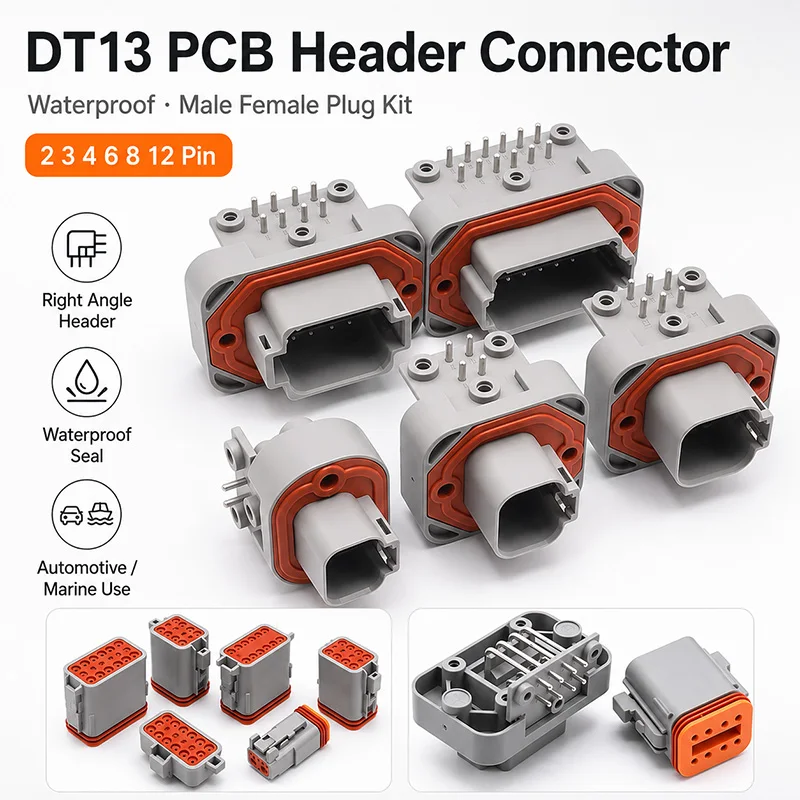 DT13 Series  Waterproof  Automotive PCB Right-Angle Header Connector 2/3/4/6/8/12Pin Male/Female Kit for Car Truck Bus Marine