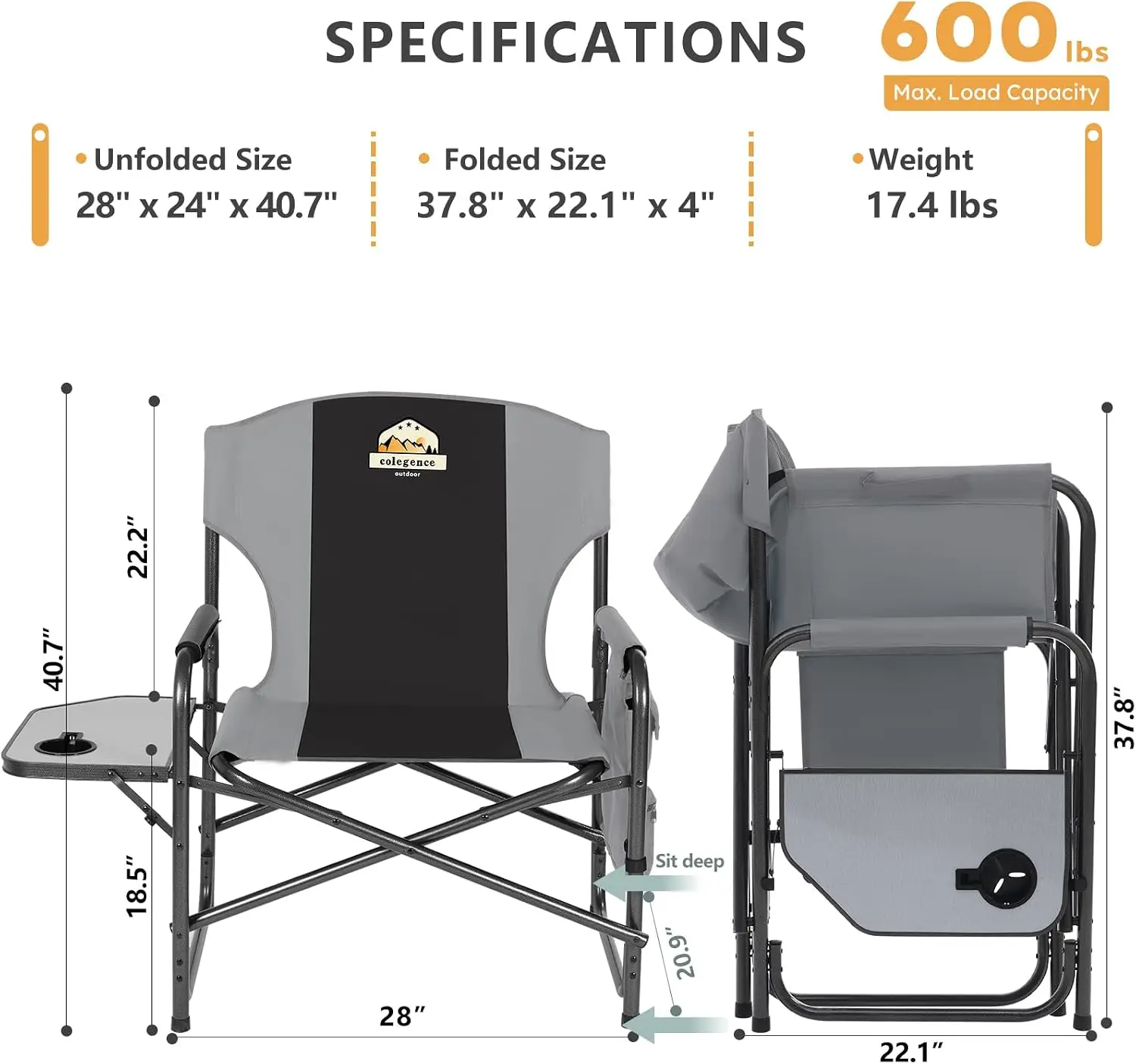 Oversized Directors Camping Chairs, 2 Pack, 600 lb, Black | Heavy duty outdoor chairs for adults, 28