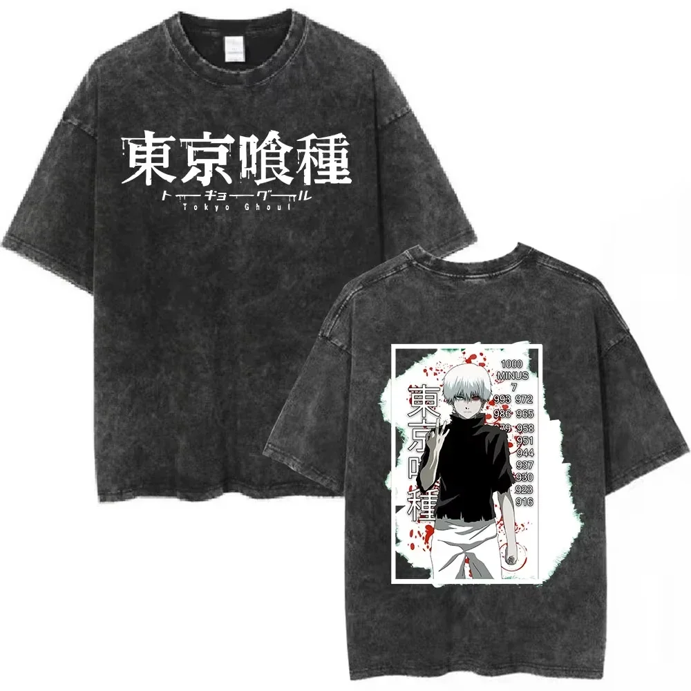 Anime Tokyo Ghoul Kaneki Ken Vintage Washed T Shirt Men Women Clothing Fashion T-shirt High Quality Cotton Short Sleeve T-shirts