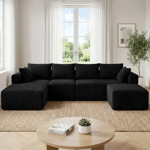 118" Modular Sectional Sofa with Chaise and Ottoman, Oversized U-Shaped Corduroy Cloud Couch, Deep Seat Boneless Couch for Livin