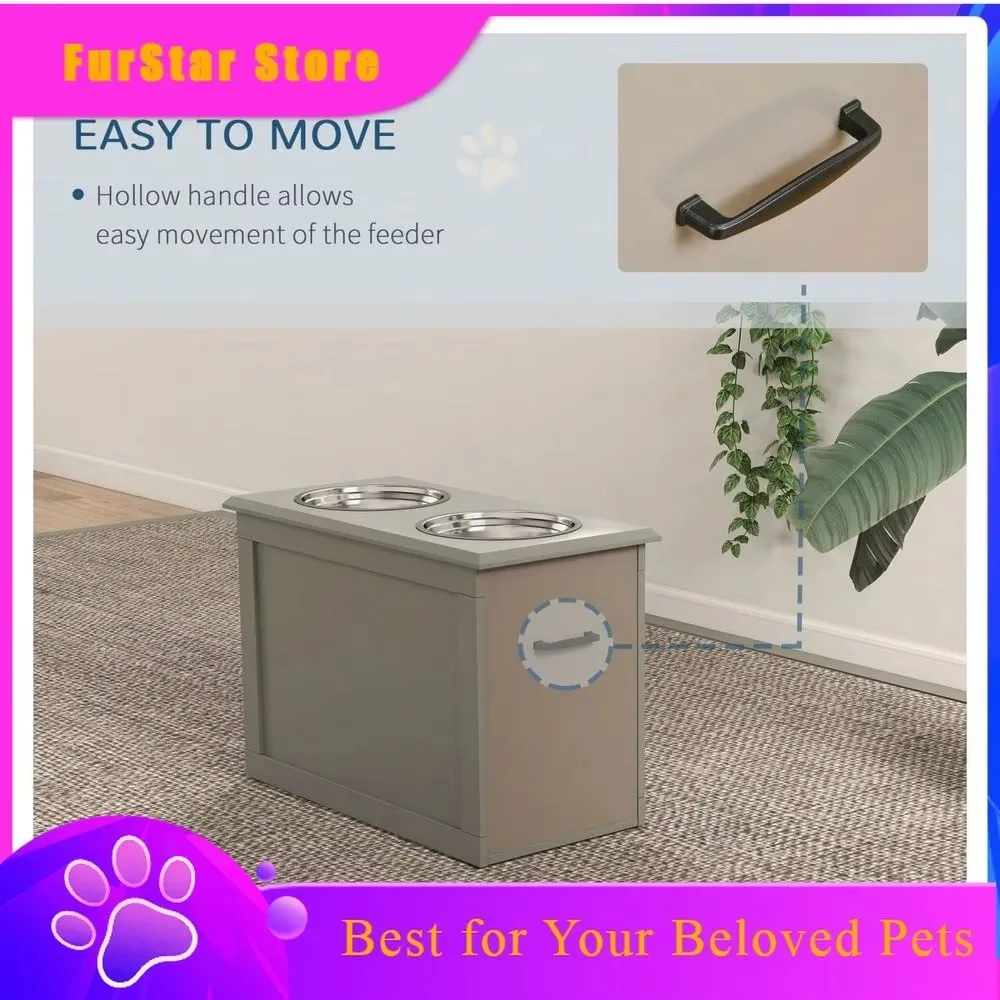 FurStarDog Bowls For Large Dogs, 2 Stainless Steel Bowls Pet Feeder Station, Elevated Storage Base For Food Water, Gray
