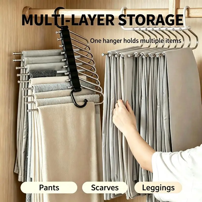 Stainless Steel Folding Trouser Rack Adjustable Telescopic Multi-Layer Storage Rack for Bedroom Wardrobe Sorting