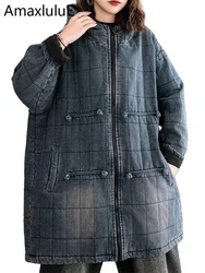 Amax luluE 2025 Winter Chinese Womens Plaid Denim Padded Jeacket Vintage Warm Loose Parkas Hooded Casual Thicken Big Size Coats
