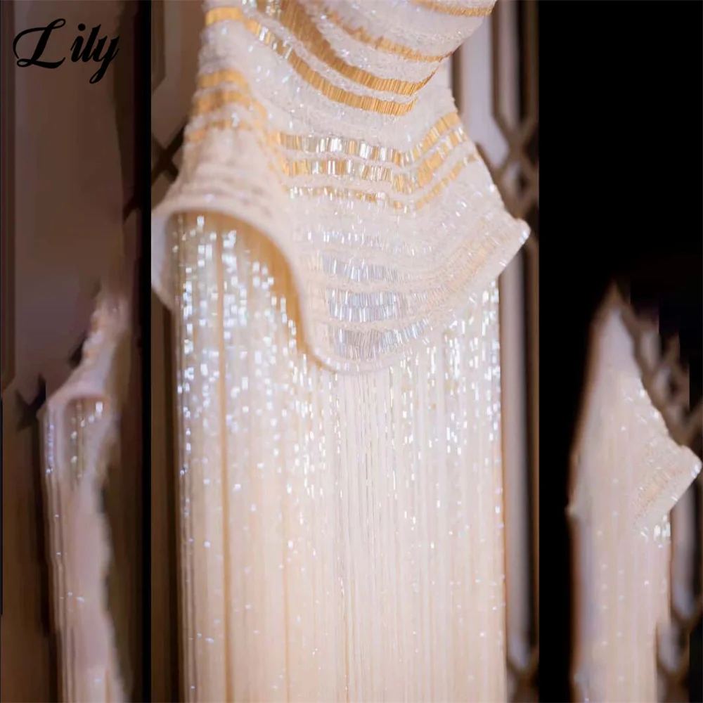 Lily White Prom Dresses Sequin Crystal Bodice Evening Dress Long Tassel Mermaid Party Dress Sleeveless Robe De Soirée Customized