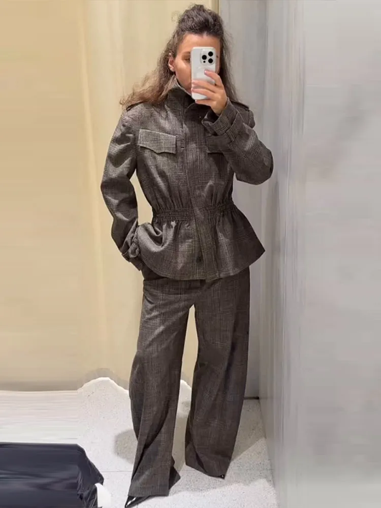 

Модные клетчатые куртки и брюки, женские тонкие пальто с длинным рукавом и высоким воротником, широкие брюки, 2026, весенние новые женские наряды для поездок на работу