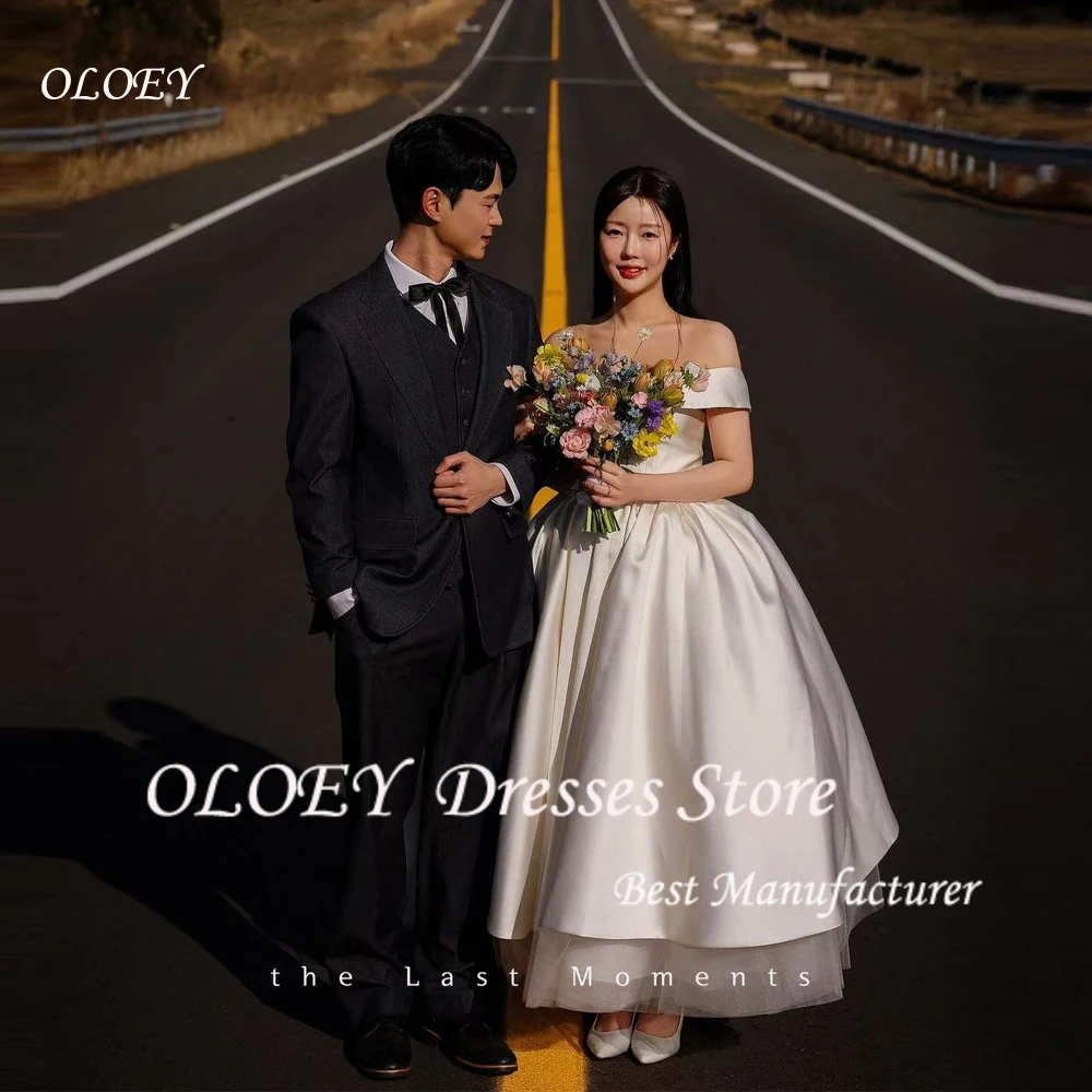 

OLOEY Simple Off Shoulder Wedding Dresses One Line Collar Satin Draped Ankle-Length Bridal Gowns Corset Back Customized