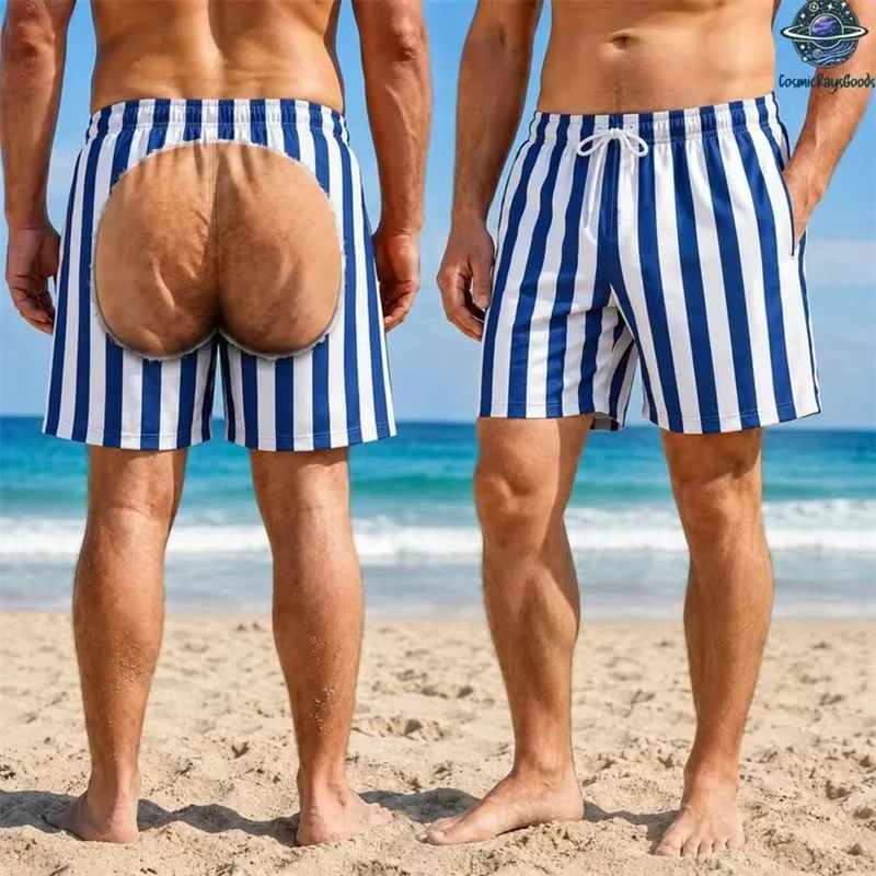 Unisex Funny 3D Optical Illusion Swim Trunks Fake Butt Print Drawstring Quick‑Dry Beach Board Shorts for Holiday Party Costume