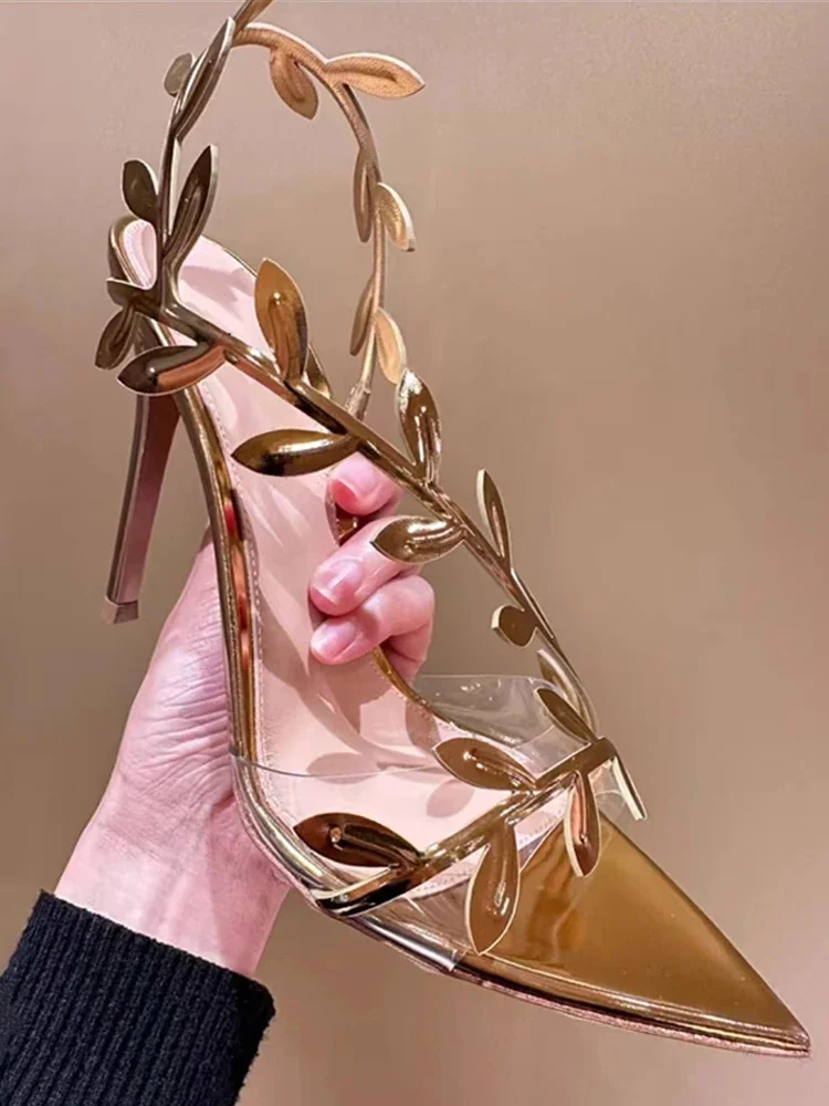 

Golden patent leather leaf high heels for women 2024 summer new style fairy style slim heel pointed toe open toe sandals