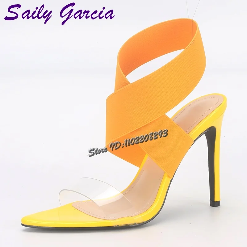 

Yellow Patent Leather Sandals Pointed Toe Clear PVC Strap High Heels 2026 Autumn New Elastic Cross Strap Stilettos Fashion Shoes