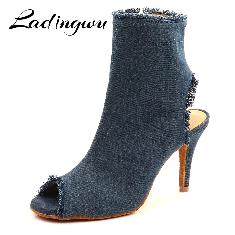 Ladingwu 2022 New Dance Shoes Denim Classic Blue Latin Samba Cha Cha Dance Shoes Heel Cutout Design Fashion Dance Boots