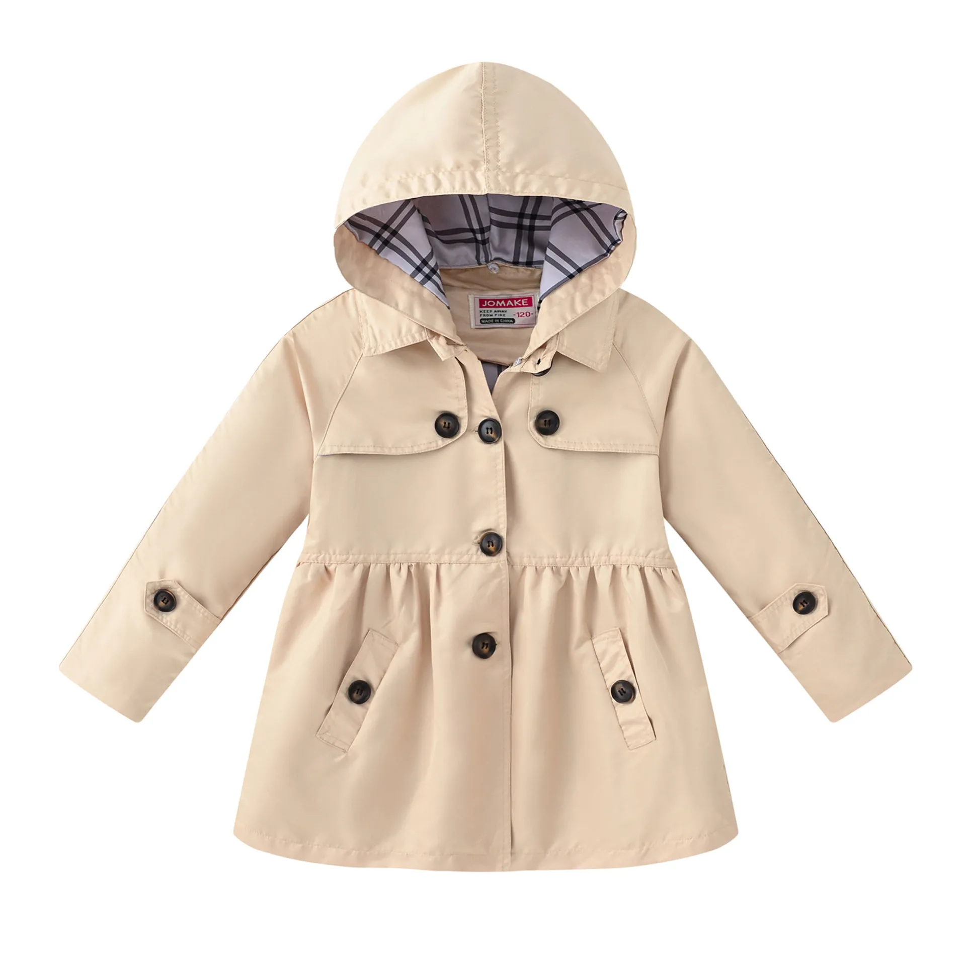 

Spring and autumn girls solid color button trench coat with hat casual waist slim-fit classic trench coat jacket 3-10 years old