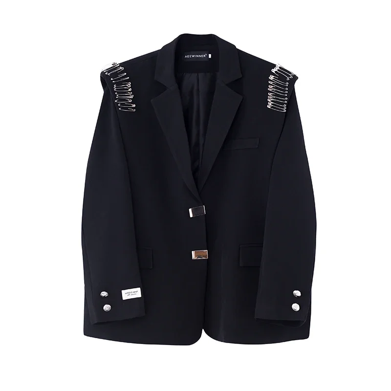 Men Niche Pin Metal Buckle Streetwear Fashion Hip Hop Loose Casual Suit Blazer Jacket Shoulder Pad Korean Trend Blazer Coat Man