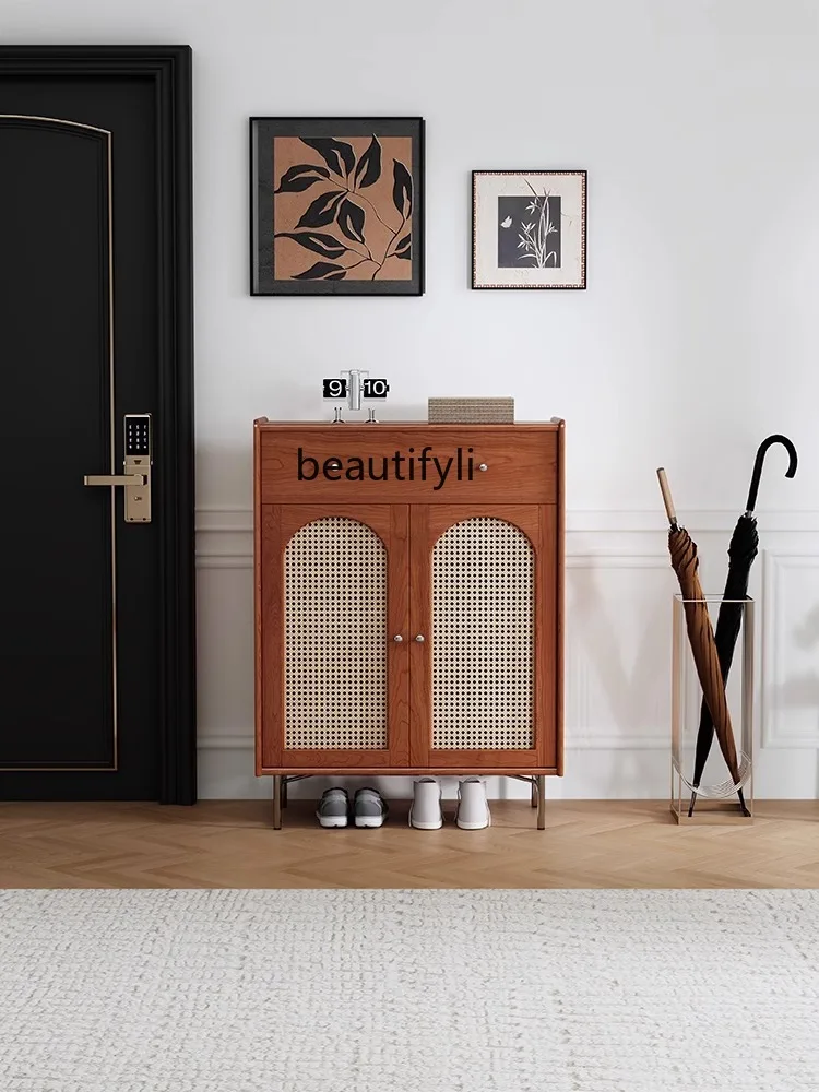 Rattan shoe cabinet, entrance cabinet, French retro home door storage solid wood cabinet against the wall