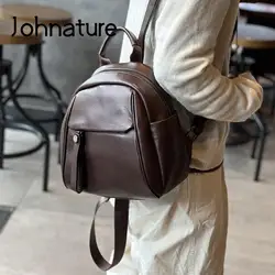 Johnature Genuine Leather Simple Versatile Backpack Women Bag 2024 New Natural Soft Real Cowhide Large Capacity Travel Backpacks