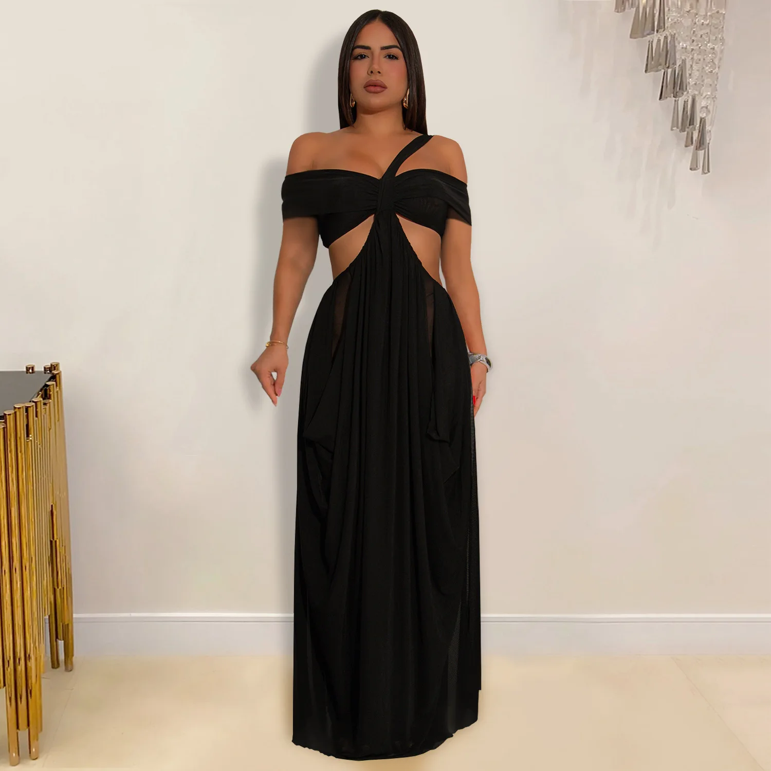 DSMTRC 특별 행사 가운 느슨한 셔링 나이트 아웃 베스 티드 클럽웨어 드레스 세련된 여성 컷 아웃 계층화 된 불규칙한 파티 드레스