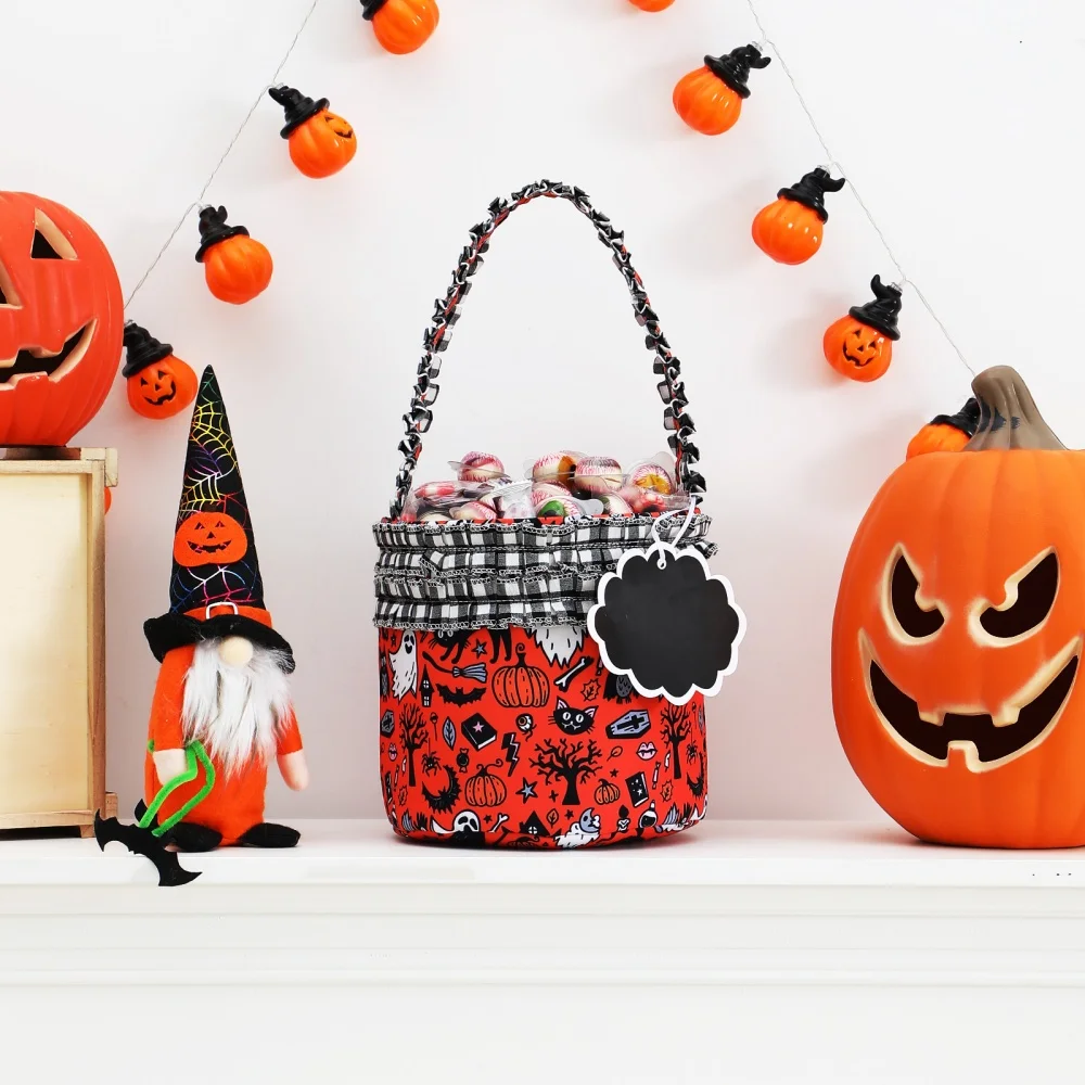 Ruffle Halloween Bucket Candy Basket For Kids Name With Card Pink or Orange Reusable Canvas Gift Bag Trick or Treat Bags