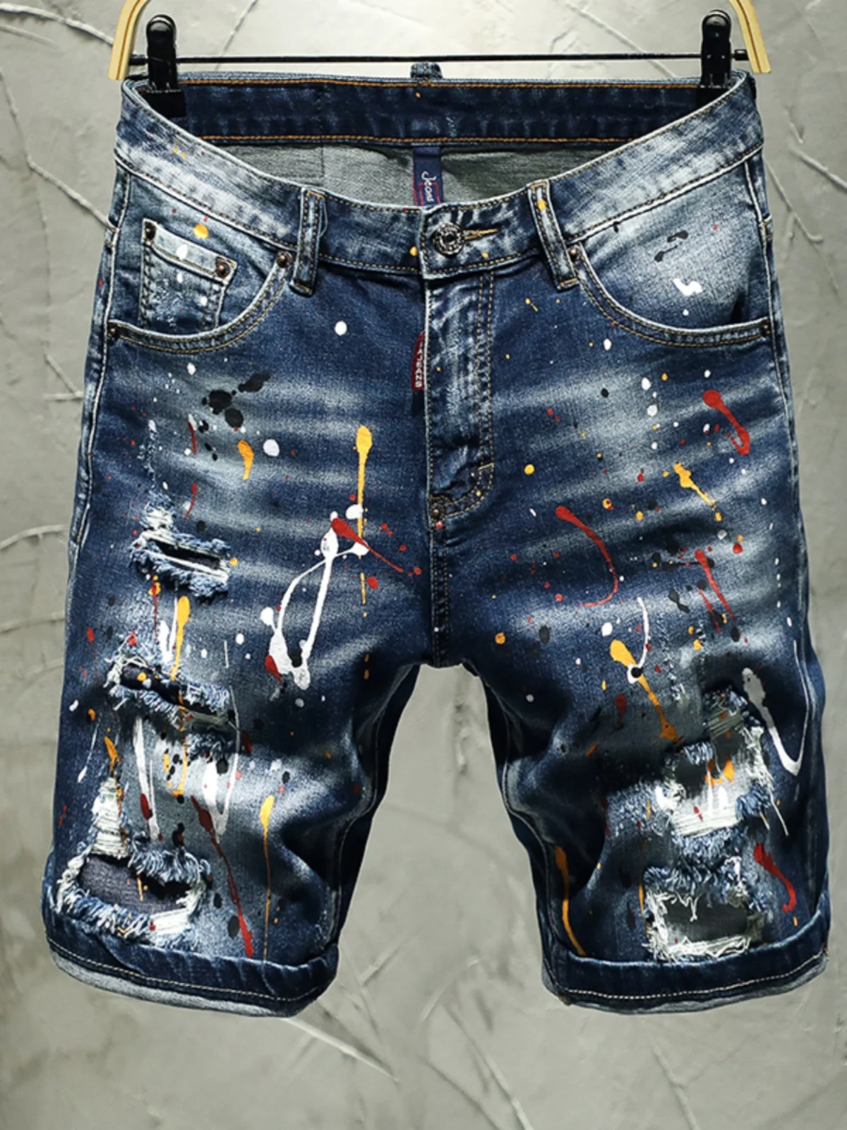 

New Summer Thin Embroidered Denim orts Men's Five-Point Printed Paint Dot Slim Fit Casual Cotton Stretch Jeans ort Length